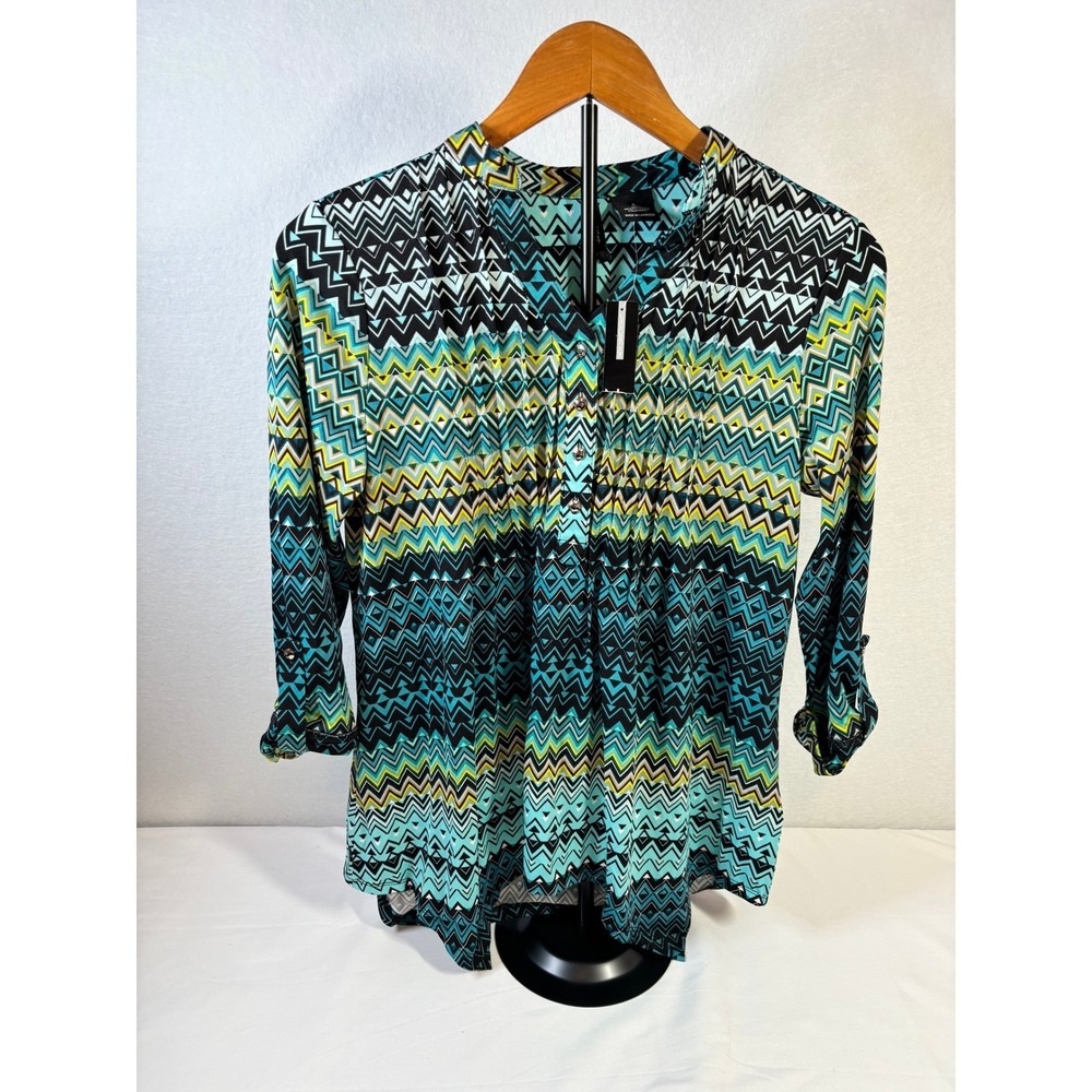 New Directions Womens Teal GeometricChevron 3/4 Roll Tab Sleeve Blouse Small NWT